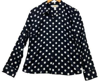 Talbots Womens Button Down Shirt Long Sleeve Size 14P Black White Polka Dot