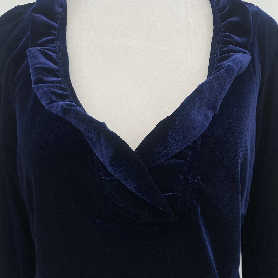 Gretchen Scott Shirt Womens Medium Navy Blue Velvet Ruffle V-Neck Party Holiday - Image 3 of 4