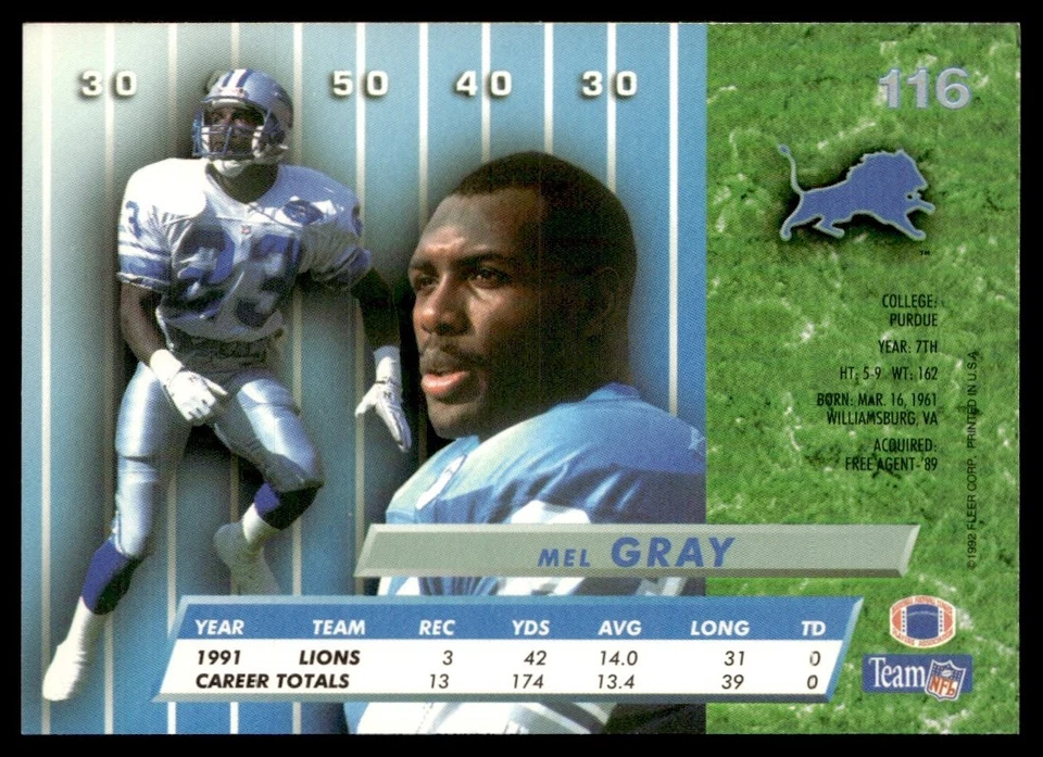 1992 Ultra Mel Gray Detroit Lions #116 - Image 2 of 2
