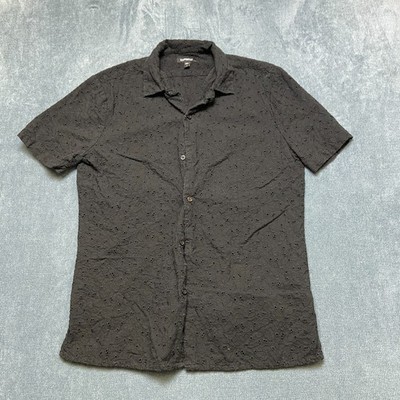 Express Shirt Mens Small Black Cotton Short Sleeve Embroidered Button Up Formal