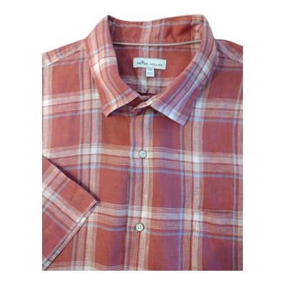 Peter Millar Linen Short Sleeve Shirt Mens 2XL Red Plaid