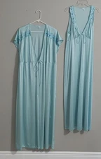 Classic Style Blue Satin Peignoir Set Maxi Gown & Robe USA Made Lingerie Ties