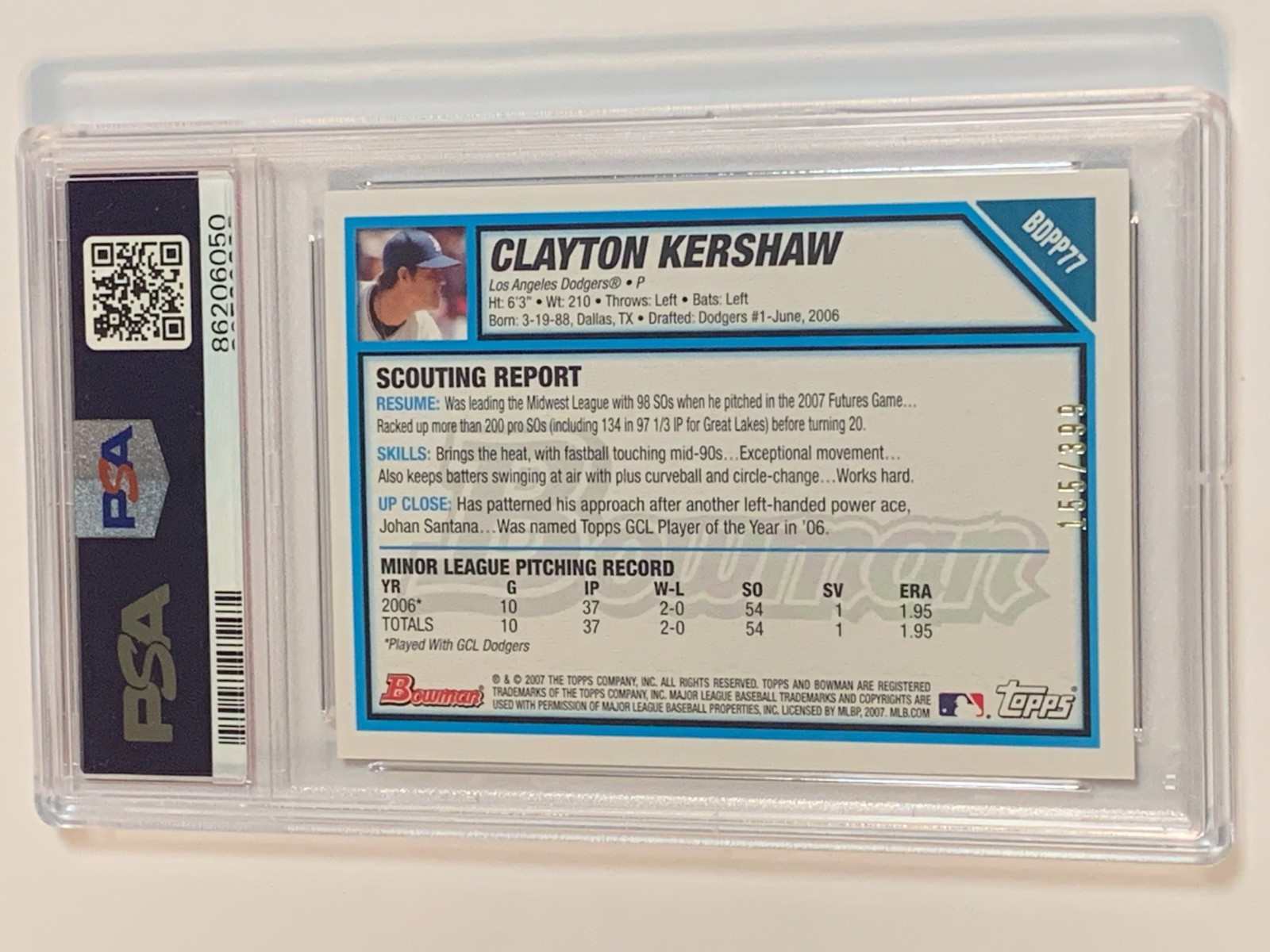 2007 Bowman Draft Picks Blue #BDPP77 Clayton Kershaw /399 - PSA 8 (NM-MT) view 2