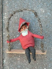 Antique Spun Cotton Santa on Swing Christmas Feather Tree Ornament 3"