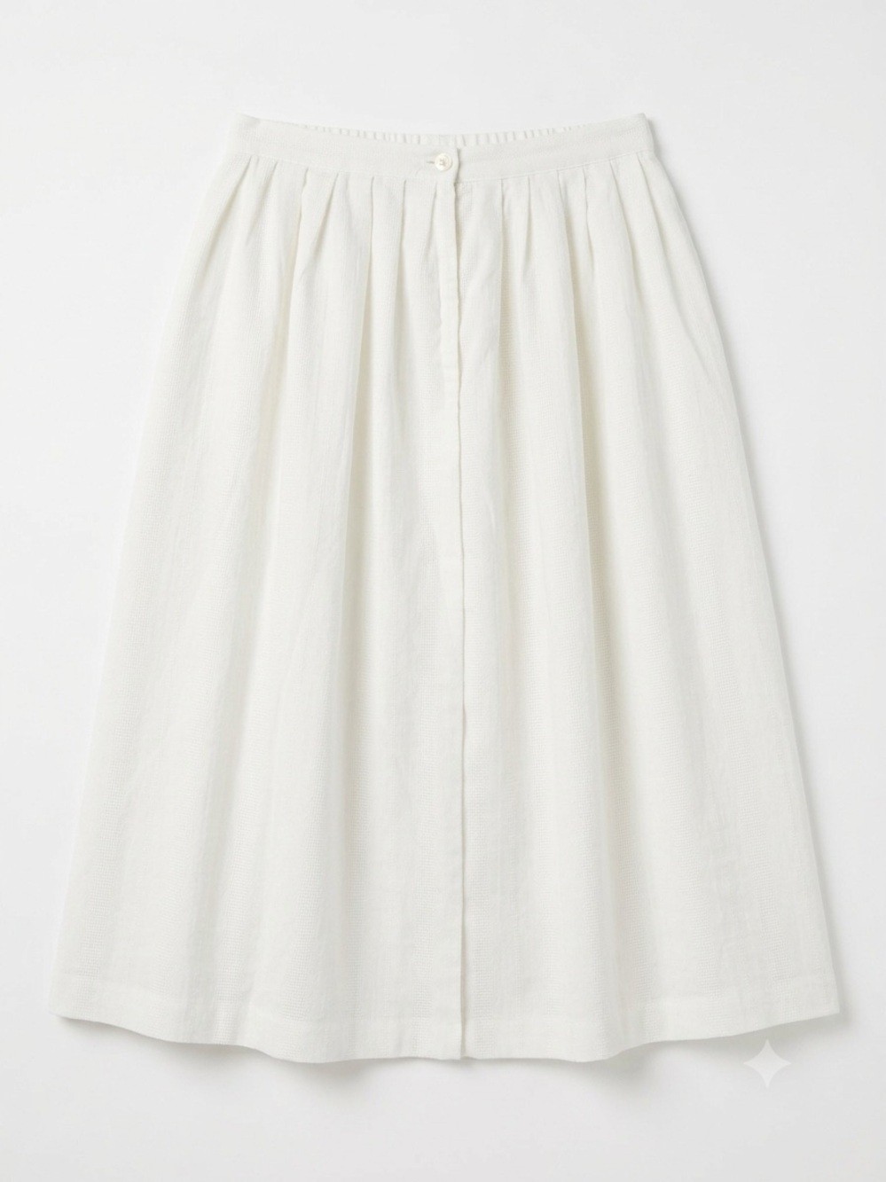 Euro Summer Vintage Ivory Button Front Pleated Midi Skirt Textured Woven Cottage
