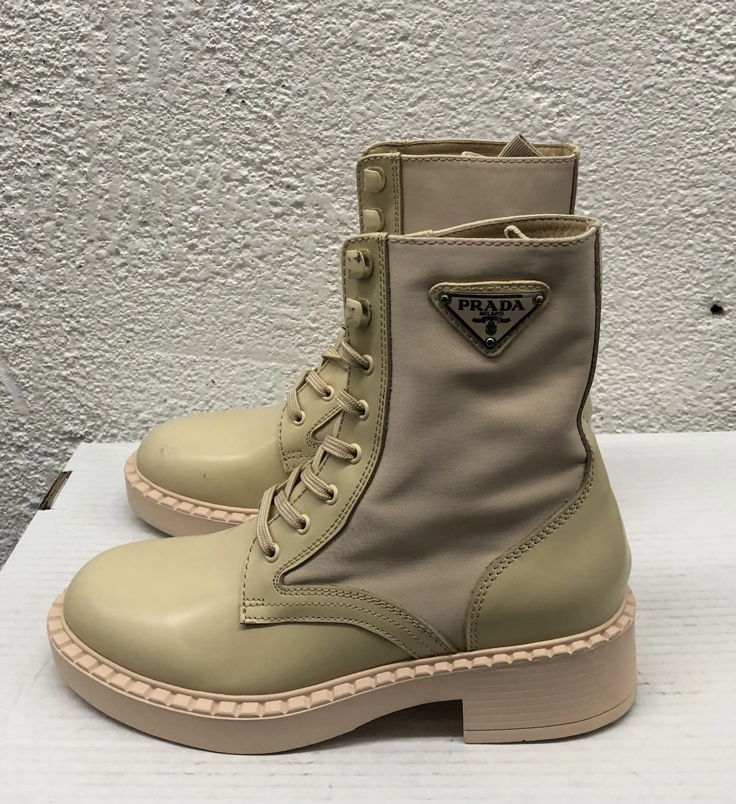 Prada Womens Spazzolato Re-Nylon Leather Combat Boots 36 EU 6 US Beige Y127