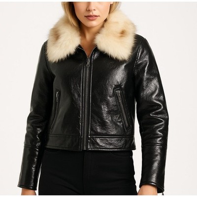 Unreal Fur Black Wet Look Aviator Jacket Faux Leather & Fur Collar Women s XL