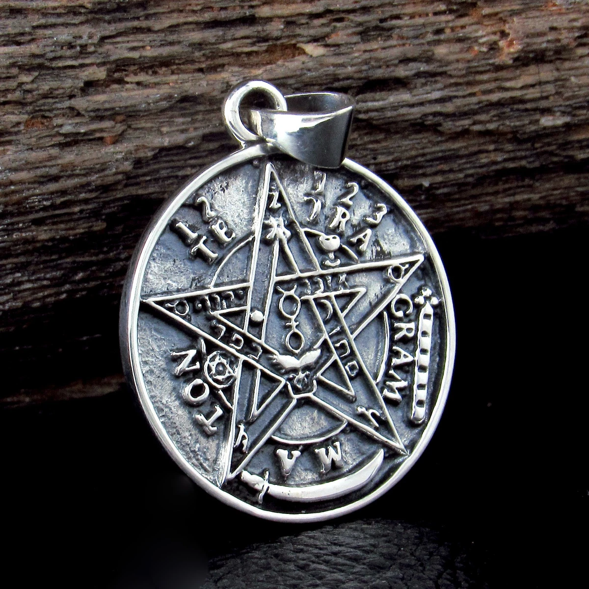 Minoplata Ciondolo Tetragramaton Piccolo In Argento Sterling 925, Diametro 10mm. Amuleto Protettivo Con Finitura Anticata, Ipoallergenico.