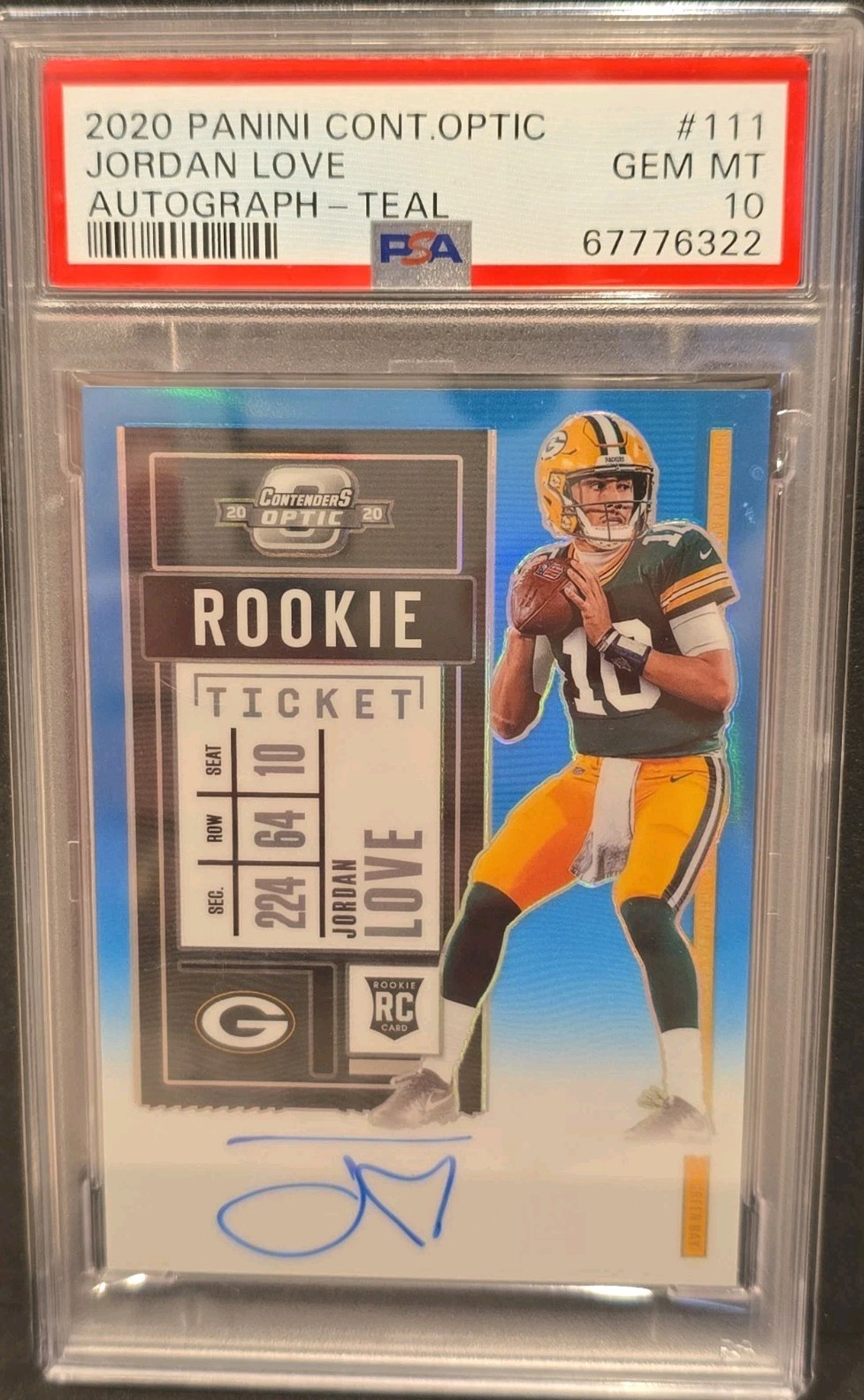 2020 Contenders Optic Jordan Love Rookie Ticket Auto Teal 55/99 PSA 10