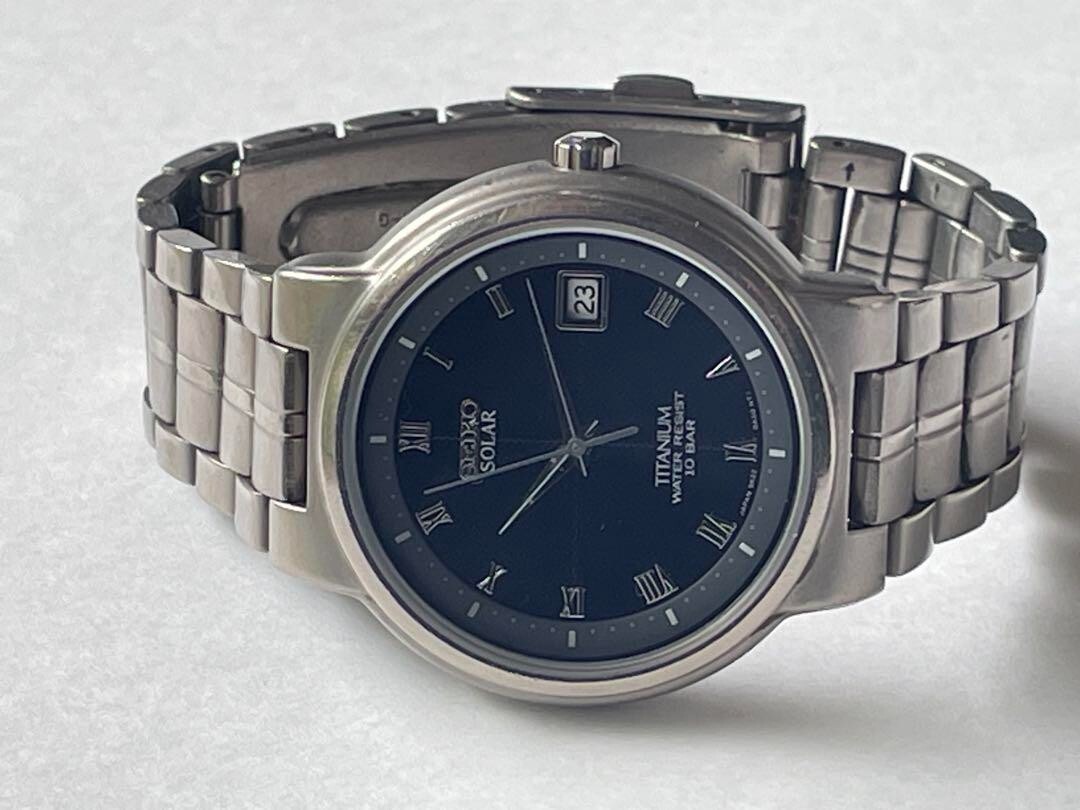 SEIKO Titanium Solar 5K22-0A20 Black Dial Date Watch 34mm
