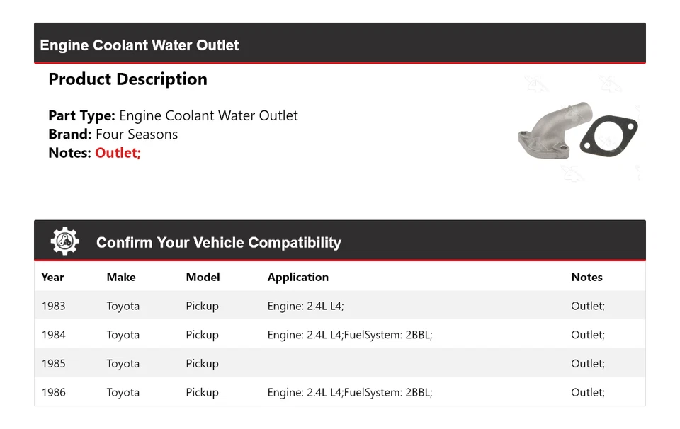 适用于 1983 - 1986 年丰田皮卡发动机冷却水插座 4 季 1984 1985 — 第 2/4 张图片