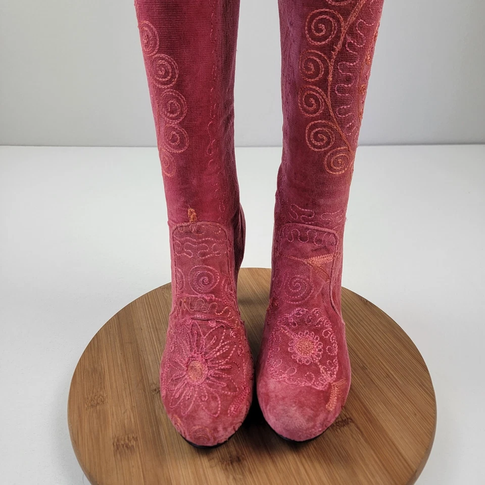 O' Suzani Embroidered OTK Tall Velvet Red Boots Over The Knee Shoes Sz 9 Heels  - Image 4 of 4