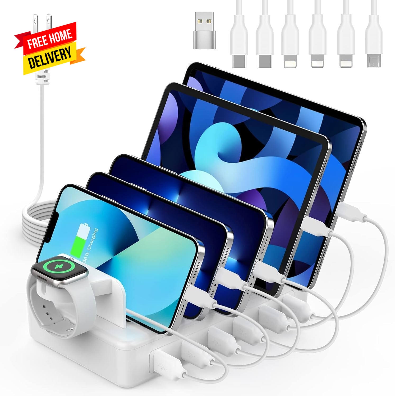 Charging Station for Multiple Devices,50W 6 Ports Charging Dock with 6 Cables Co-image