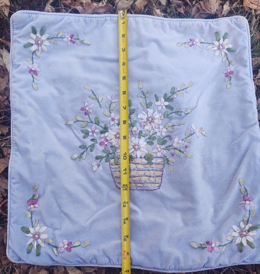 PR Vtg Blue 17" Velvet Throw Pillow Case Silk Ribbon Floral Embroidery - Image 2 of 4