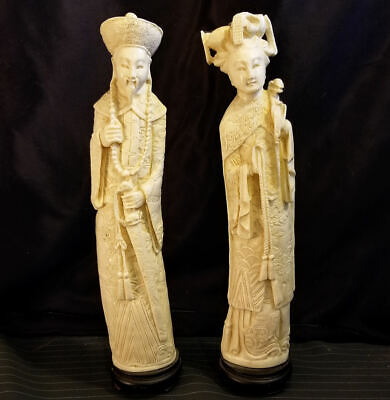 Vintage ResinFaux Ivory Carvings Chinese Emperor and Empress PairFree Shipping!