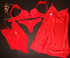 Victoria's Secret 32C BRA SET XS thong TEDDY SLIP Coral Red crystal Dream Angels