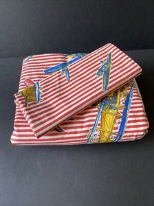 Twin Bedskirt And Matching Pillow Sham Red And White Stripes Vintage Airplanes