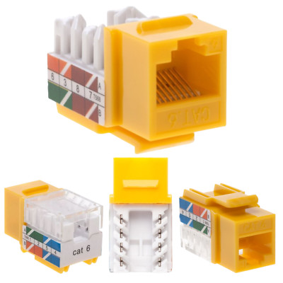 50 Pack Cat6 45° Angled Keystone Jack RJ45 110 Punchdown 8P8C Yellow Ethernet