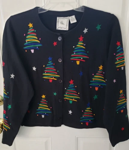 MICHAEL SIMON LITE Size XL Black Christmas Trees Cardigan Top Embroidery        