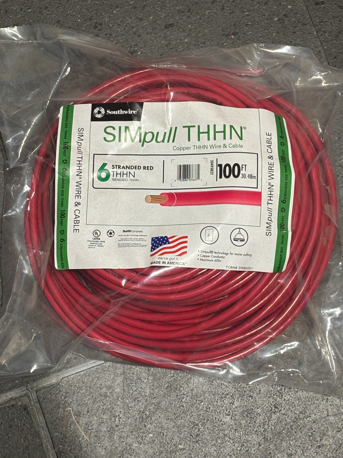 100 Ft. SOUTHWIRE 20495822 Building Wire 6 AWG THHN Stranded Red