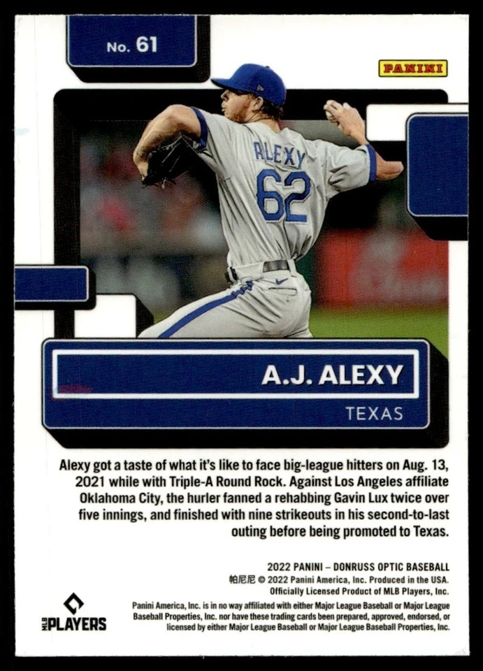 2022 Donruss Optic RATED ROOKIE A.J. Alexy Rookie Texas Rangers #61 - Image 2 of 2