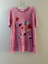 Jess & Jane Tunic Top Size L Pink Floral Tiered Lagenlook Artsy Mineral Wash