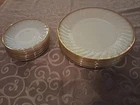 14 Vintage Fire King Dinner Plates & Saucers White Swirl Milk Glass Gold Rim