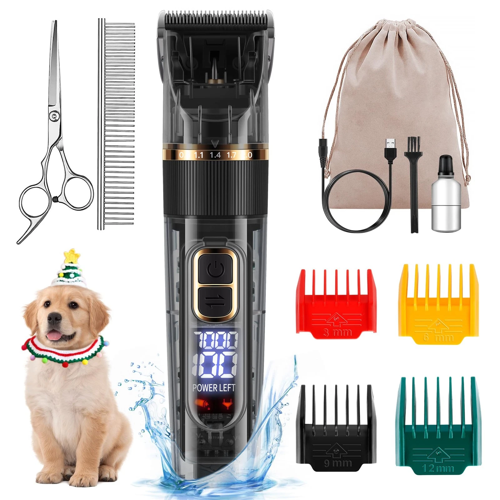 Dog Grooming Kit with LED Display, 3-Speed, Low Noise, Rechargeable, Cordless...