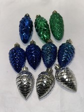10 Indoor/Outdoor Pinecone Shaped 3" Christmas Ornaments Various Blue/green/gray