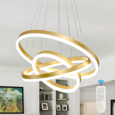 Modern Gold LED Chandelier 3 Rings Dimmable 20'' Height Adjustable Pendant