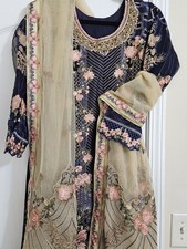 Embroidered Floral Navy and Beige Dress with Matching Dupatta
