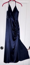 Navy Blue Satin Maxi Dress V-Neck Sleeveless Ruched Strappy Formal Evening