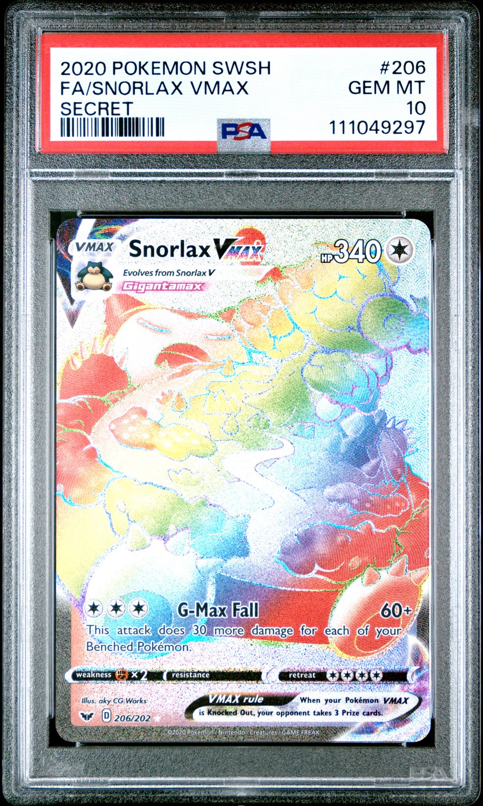 2020 POKEMON SWORD & SHIELD SECRET #206 FULL ART/SNORLAX VMAX PSA 10