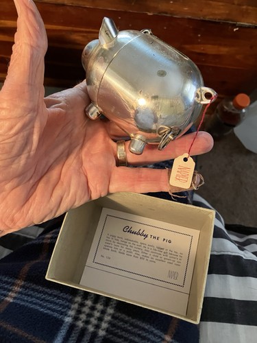 Vtg Napier Chubby Pig Silver Plate Music Box Bank New in Box wTag & Card No. 126