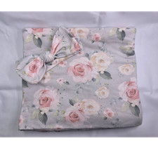 Girls Floral Receiving Swaddle Blanket w/ Matching Headband Bow Gray Pink