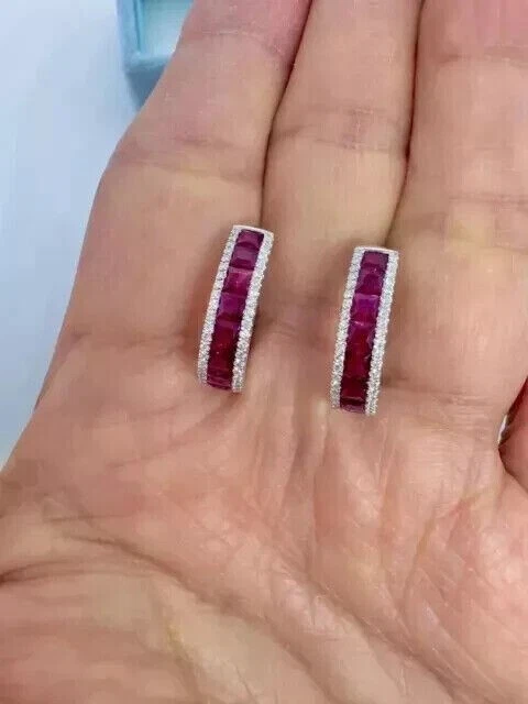 Created Red Ruby 2Ct Princess Diamond Hoop Huggie Earrings 14K White Gold Plated - Image 2 of 4