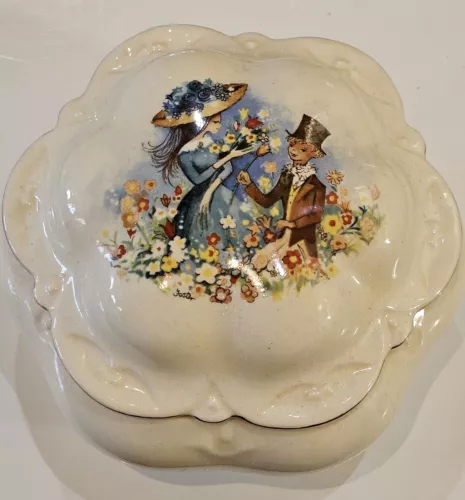 Vintage Ornate Trinket Box Ivory with Gold Rim Boy Girl & Flower 4.5" X 3"