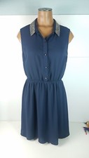 Womens Forever 21 Sleeveless Sheath Navy Button Up Dress Embellished Sz Medium