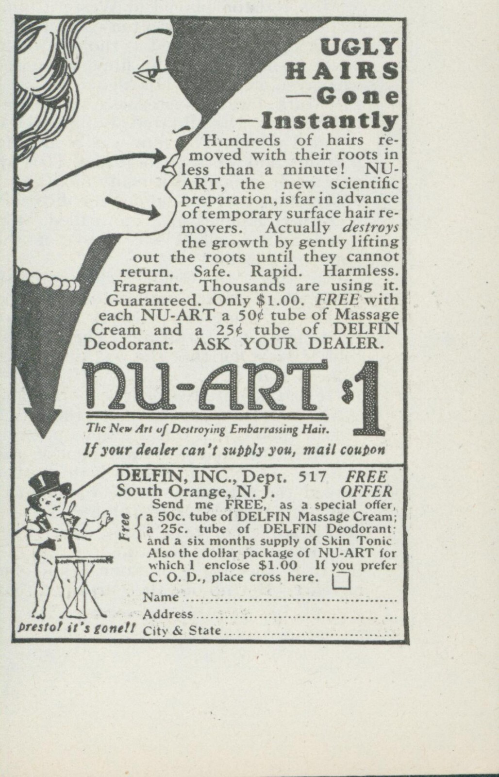 1928 Nu Art Hair Removal Delfin Deodorant Massage Cream Vintage Print Ad PR1