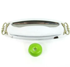 Vintage Kromex Tray Rectangular Serving Dish Mid Century Brass Tone Handles USA