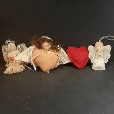 Vintage Handmade Fabric Christmas Ornaments Lot Of 4 Angels Hearts Granny Core