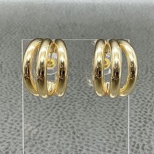 Gold Tone Triple Hoop Huggie Earrings Womens Round Chunky Layered Post Jewelry