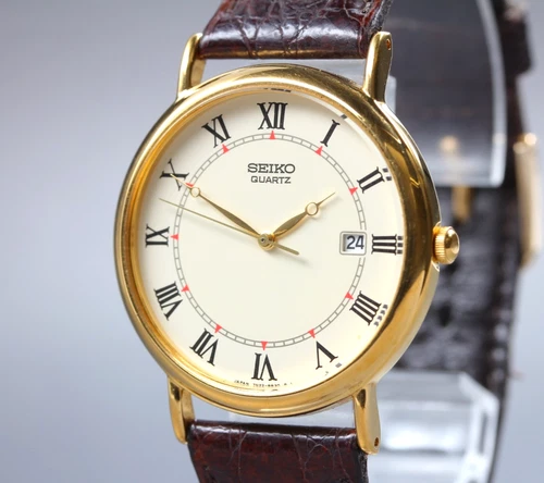 New Batt Vintage [Near MINT] Seiko 7N22-8A20 Gold Round Roman Men's Watch JAPAN