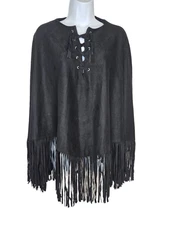 MNG Casual Black Faux Suede Fringe Poncho Cape OS Boho Western Festival
