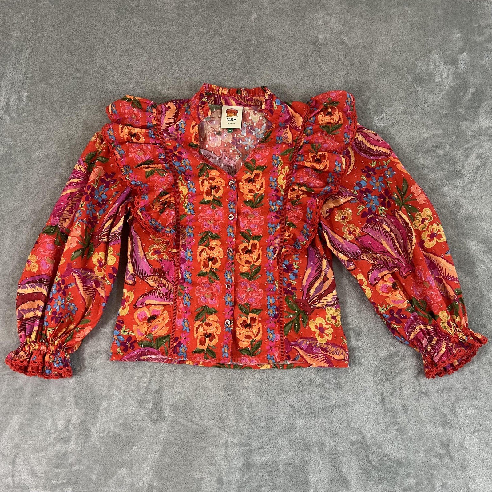 Farm Rio Blouse Womens Medium Multicolor Floral Puff Sleeve Ruffle Boho Top