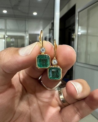 Emerald Earrings 14k Yellow Gold Natural Zambian Emerald Diamond Earrings