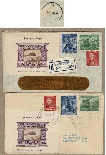 Australia 1947 Newcastle Exhib Hunter Souv Sheet Tied FDC x2 Reg & bs AY relief