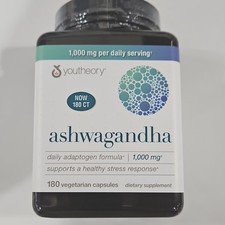 Youtheory Ashwagandha 1000 mg KSM-66 para combatir el estrés, 180 cápsulas vegetarianas. Caducidad: 03/2028
