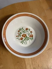 VTG USA Pottery Round Serving Bowl with Rust Band & Floral Center 1940s Fall