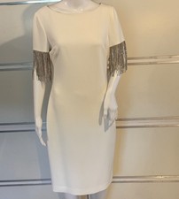 Bagley Mischka Cocktail Dress with Crystal Fringe Sleeves Ivory Sz 8 Knee Lenght